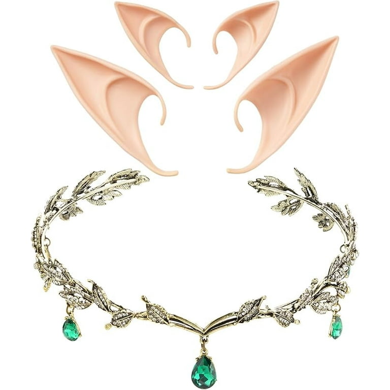 FRESHME Elf Ears With Headband - 2 Pairs Fairy Ears And Flower Headbands Set For WomenChristmas Renaissance Halloween Custome Makeup Cosplay Party Costume Hair Accessories Floral Crown Kit
