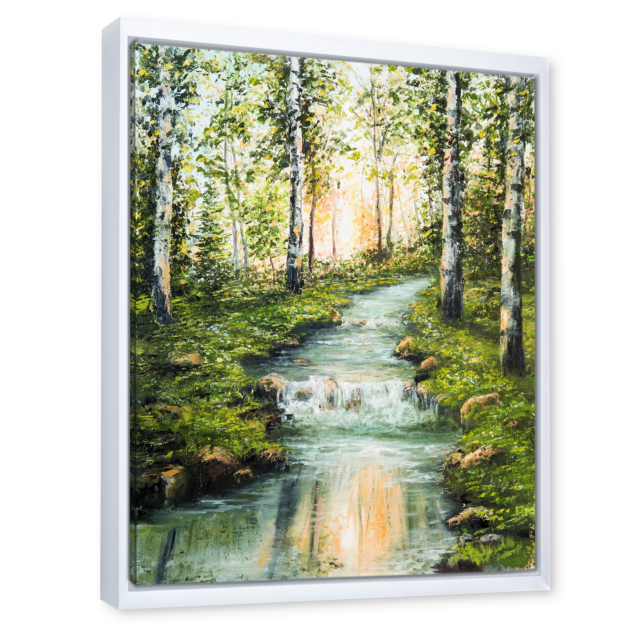 Designart 'River Through Green Birch Forest' Lake House Framed Canvas Wall Art Print