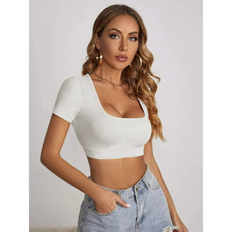 oversættelse Alle slags Puno CoCopeaunt Women Square Neck Short Sleeve Crop Top Solid Sexy Slim Bodycon  Low Cut Blouse Casual Shirt Tops Beach Party Holiday - Walmart.com