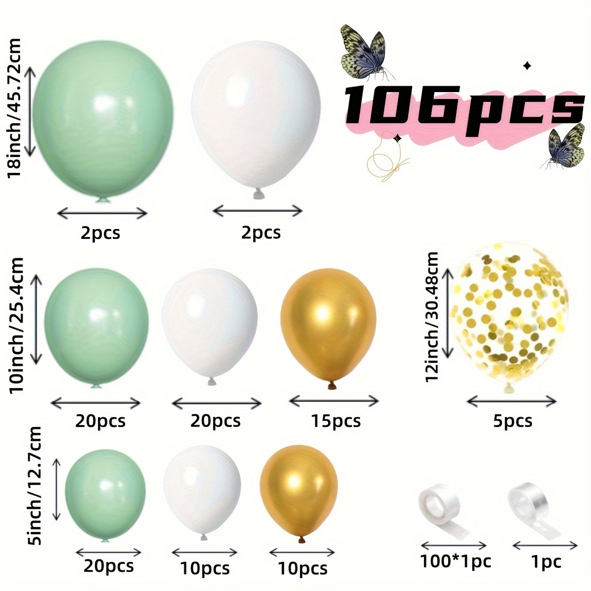 Green White Gold Balloon Garland Arch Kit - 106 Pcs Wedding Birthday Anniversary Party Decor for Indoor Outdoor Events, No Electricity Needed