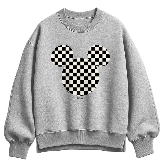Disney - Checkerboard Mickey Ears Oversized Fleece Crew Sweatshirt