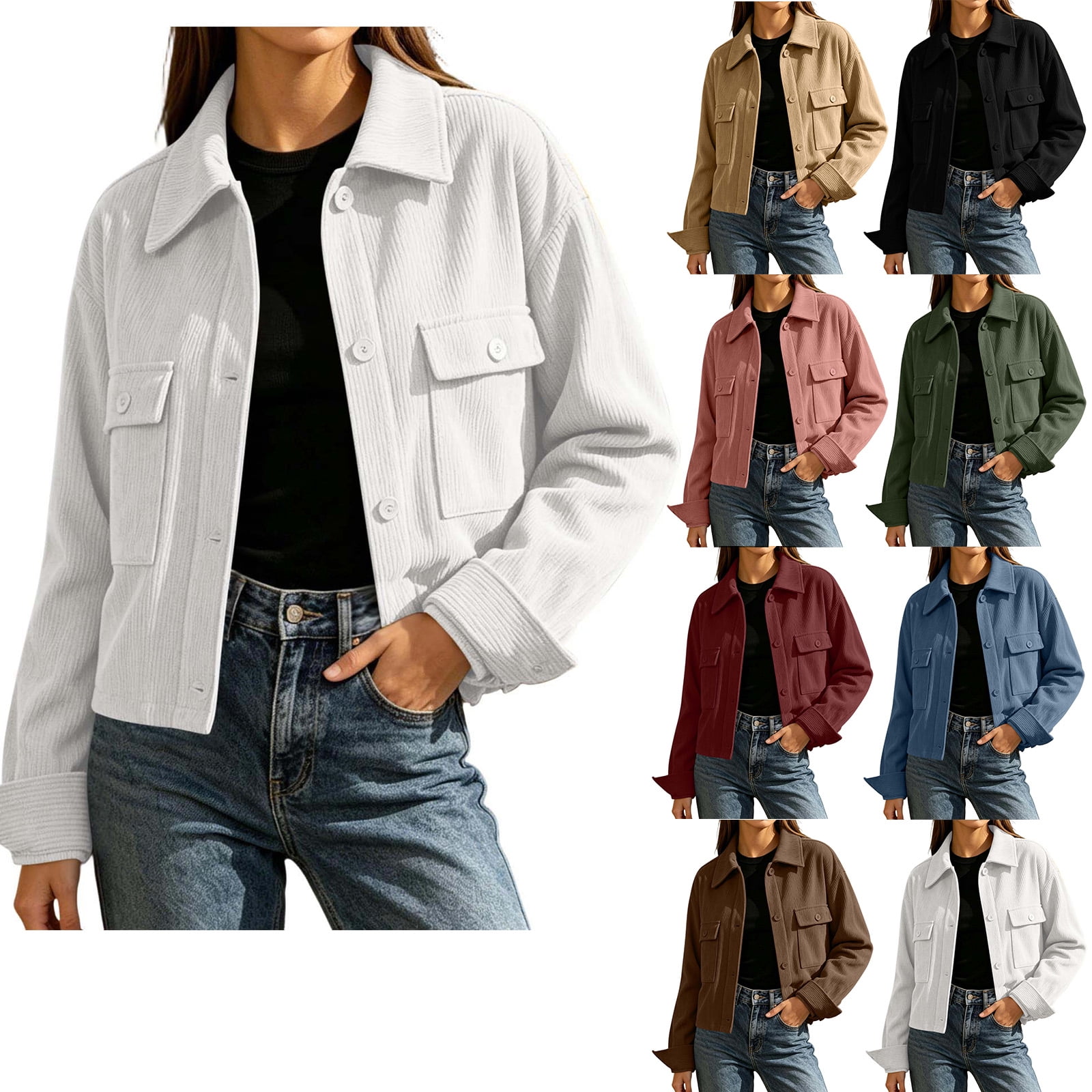 Admvng Women's Cropped Shacket Jacket Lapel Button Down Comfortable Chest PocketCasual Long Sleeve Ladies Coat Outerwear