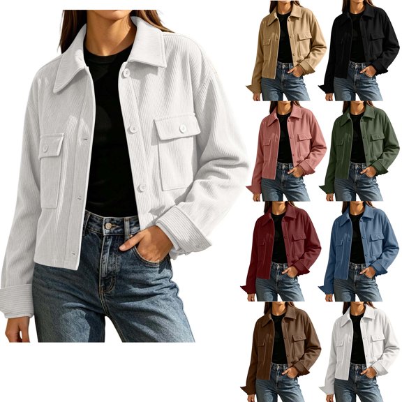 Admvng Women's Cropped Shacket Jacket Lapel Button Down Comfortable Chest PocketCasual Long Sleeve Ladies Coat Outerwear
