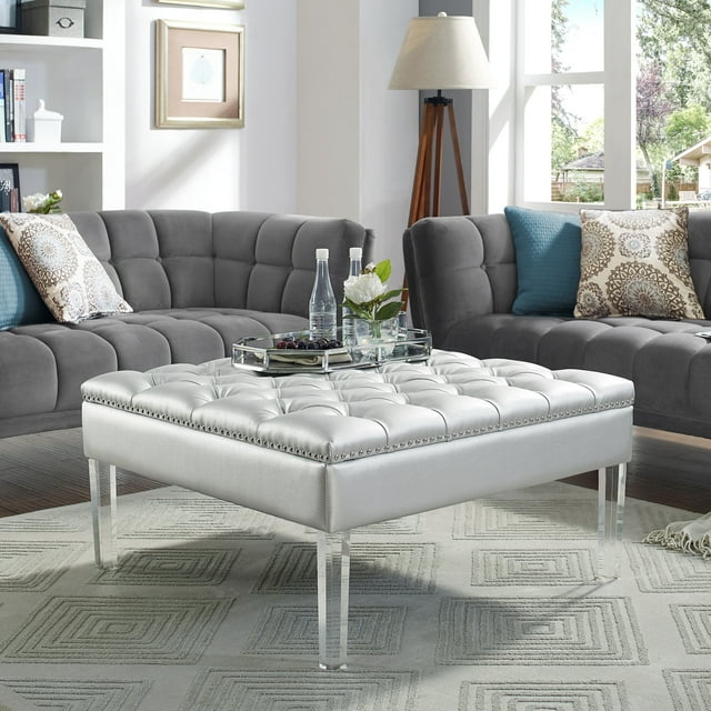 Inspired Home Stella Ottomane en Similicuir Table Basse Cocktail Carrée Capitonnée, Argent