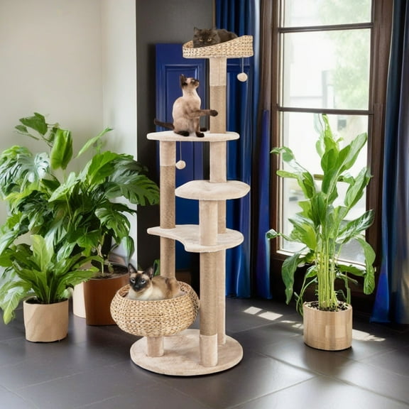 Pefilos 63" Modern Cat Tree Tower for Indoor Cats w/Natural Sisal Scratching Posts, Hand-Woven Condo and Top Perch, Cat Tree House for Kittens Climb Play, Beige