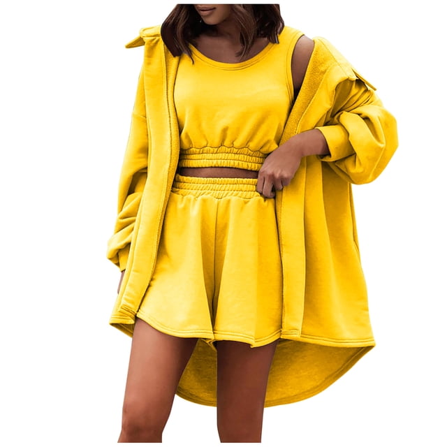 Conjuntos de ocio de 3 piezas para mujer, Tops abiertos en la parte delantera, Tops cortos y pantalones cortos, conjuntos cómodos de traje con cintura elástica Wmkox8yi bvn2681