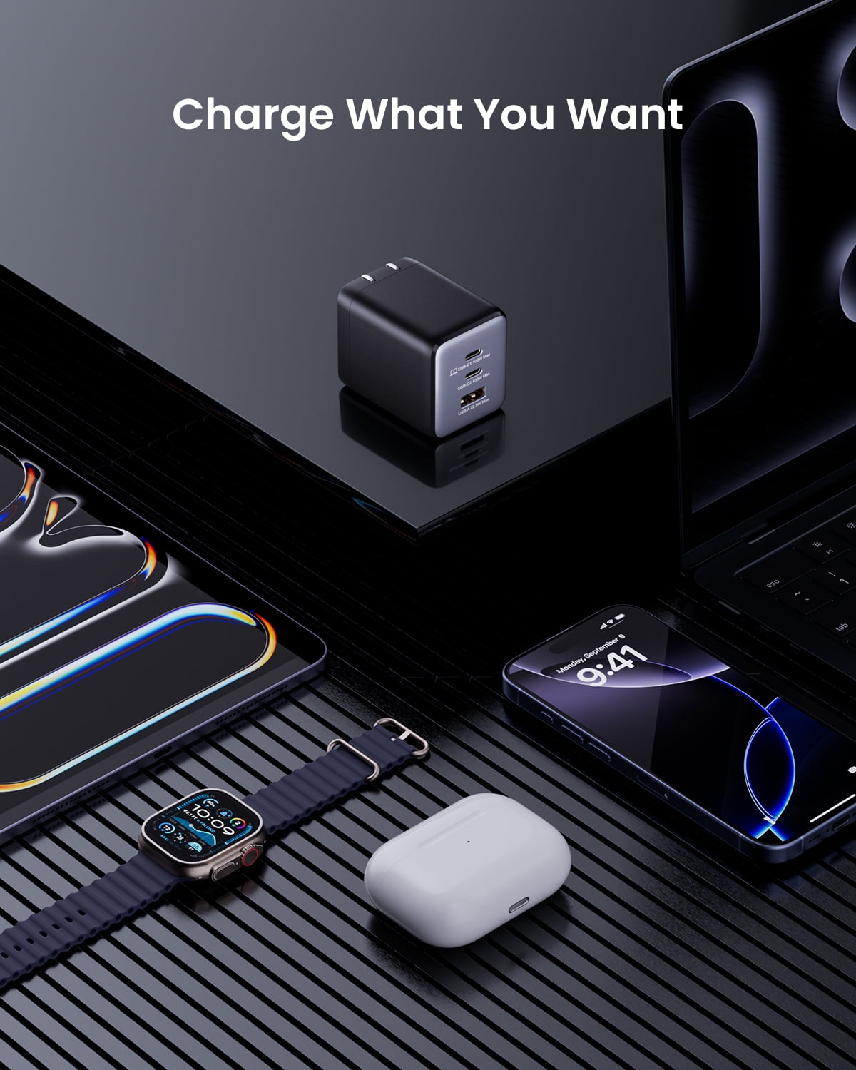 wegear 100W USB C Charger 3-Port GaN Adapter Fast Wall Charger Foldable and Compact for MacBook,Laptops,iPad,iPhone Series,Samsung and More