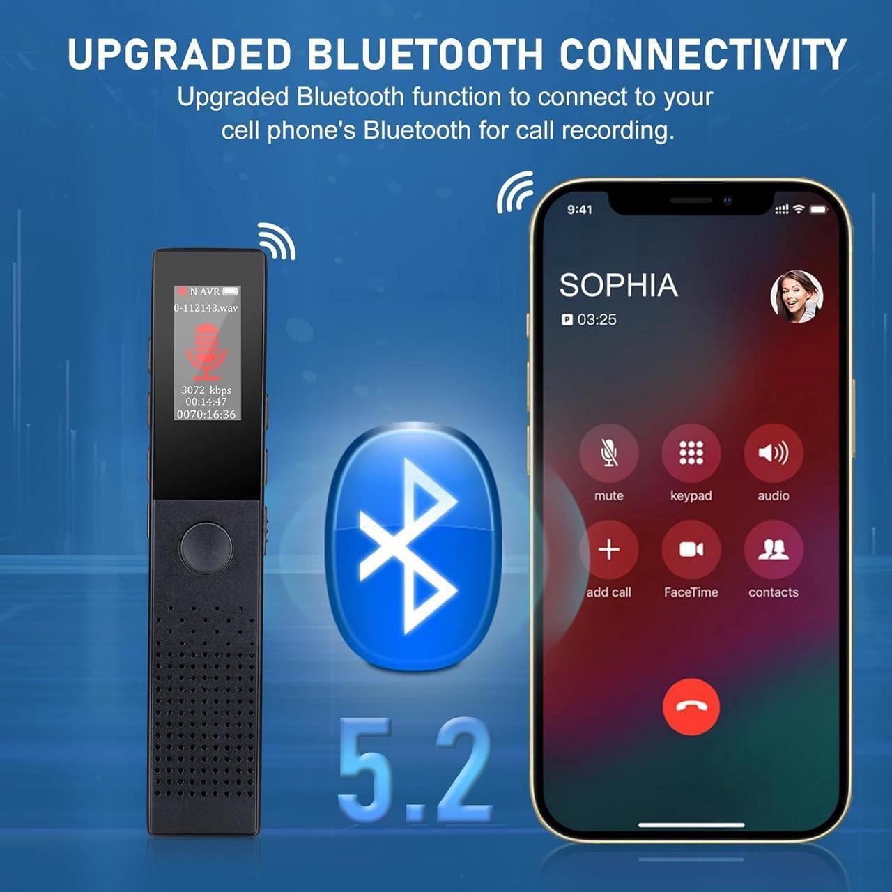 64GB Digital Voice Recorder - Bluetooth Playback, 3072KBPS Voice Activation, Password Protection - Ideal for Lectures, Meetings, Interviews.