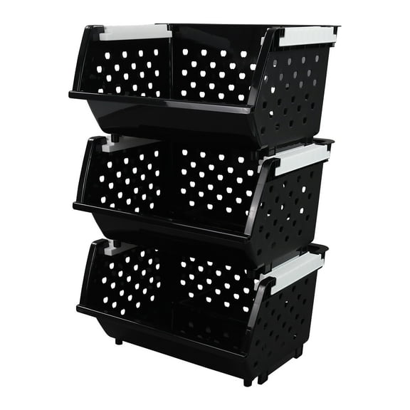 Teyyvn 3 Packs Plastic Stackable Storage Baskets, Stacking Plastic Bins for Organizer,  Black