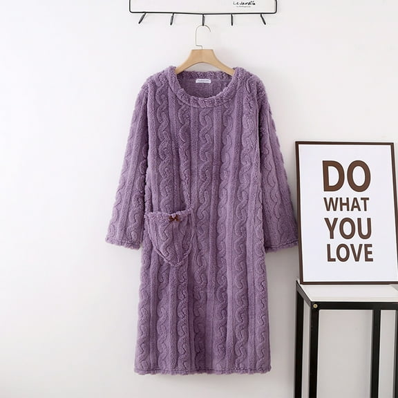 Oksale Women's Flannel Night Gowns with Pockets Fuzzy Fleece Night Gown Long Sleeve Sleep Shirt Casual Crewneck Nightgown Solid Color Loungewear Soft Warm Pajama Dress 2025 Purple L