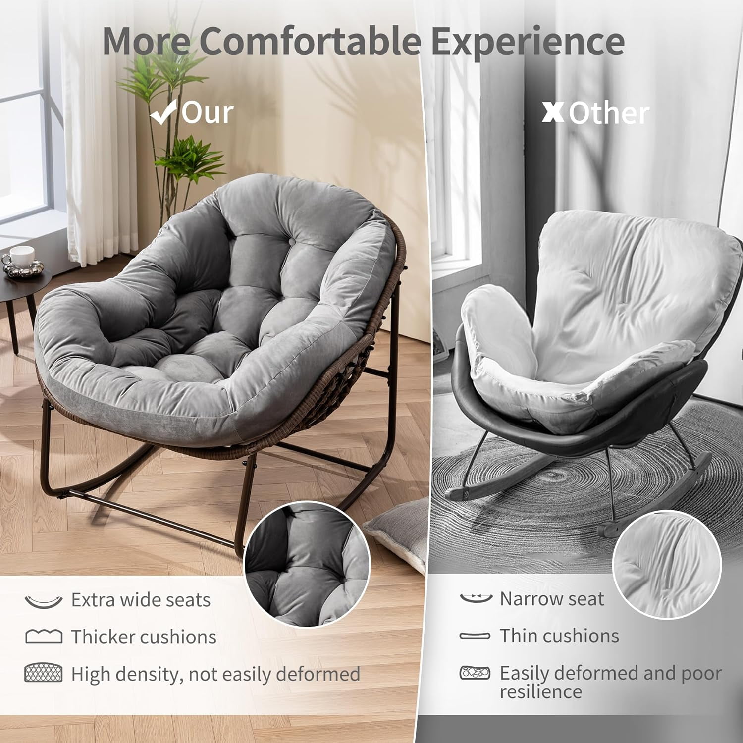MOONMISS Outdoor Patio Rattan Oversized Rocking Chairs Set of 2 with Velvet Padded Cushion-Light Gray