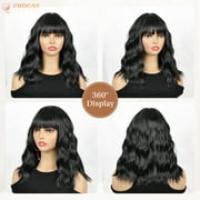Phocas 12inch Short Bob Wigs for Women - Wavy Synthetic Bob Wig with Bangs, Face Slimming Short Wig, Glueless Wear and Go for Daily or Party (Black)