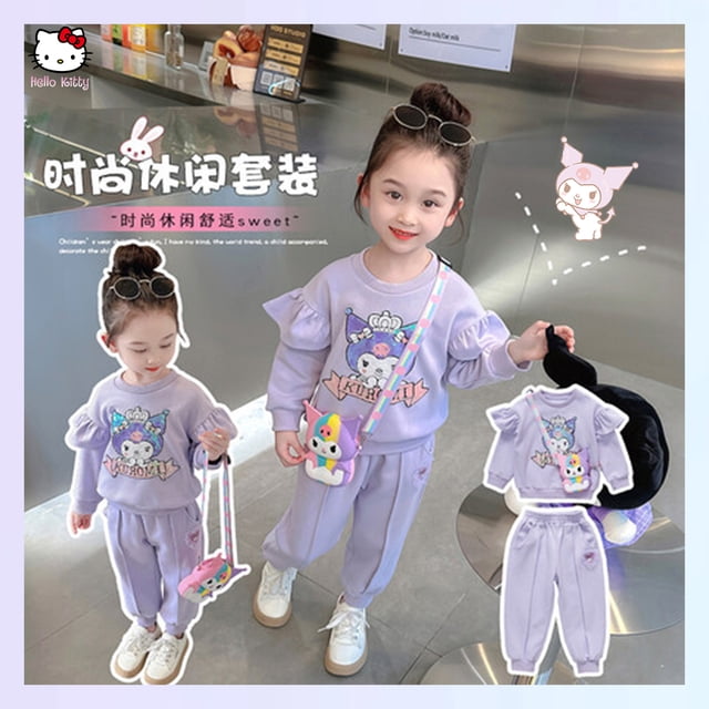 Anime Sanrioed Kuromi Melody Children's Sports Suit Girl Kawaii Kpop Sweatshirt Tops Pants 2Pcs Suit Pullover Casual Y2K Clothes