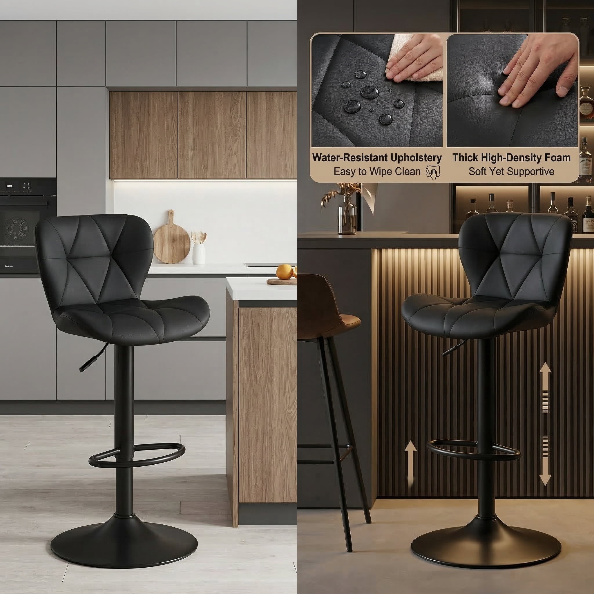 Restworld BarStools Set of 4, Adjustable Faux PU Leather Modern Armless Bar Chairs for Kitchen,Black