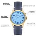 thumbnail image 3 of Bandini Mens Glow Watch - Minimal Stitch Leather Band - 38mm Analog Men's Easy to Read Wrist Watch with Light, Light Up Watches, Quartz, White Dial, Big Numbers, Glow in Dark Hands - Gold Tone / Blue, 3 of 6