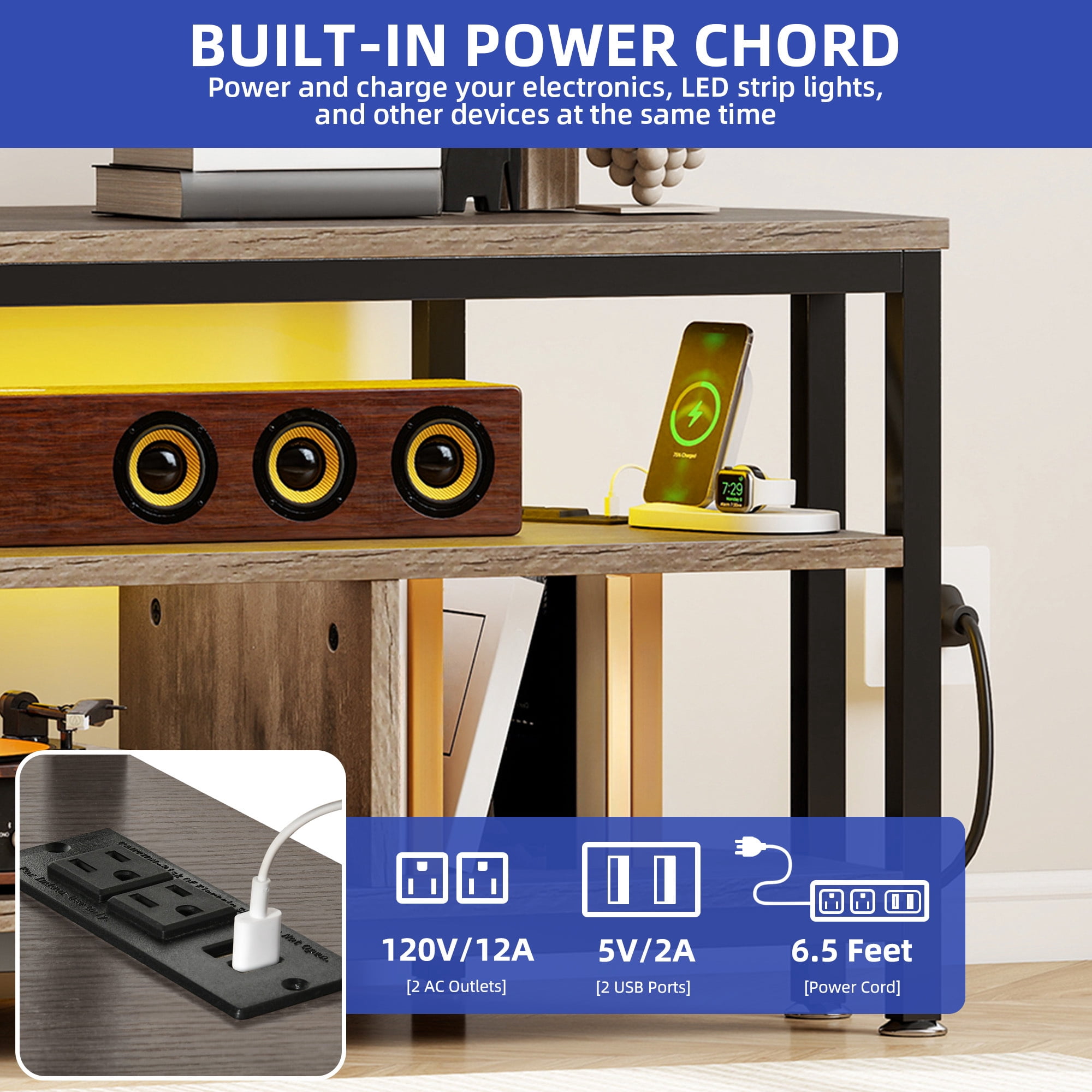 Uforic Height Adjustable TV Stand Mount with Power Outlet with LED Lights for TVs up to 70 inches, Gray