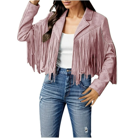 Zhuashum Jackets For Women Fashion Fringe Suede Leather Jackets Fashion Tassel Motorcycle Cropped Coats Classic Clothes Pink M