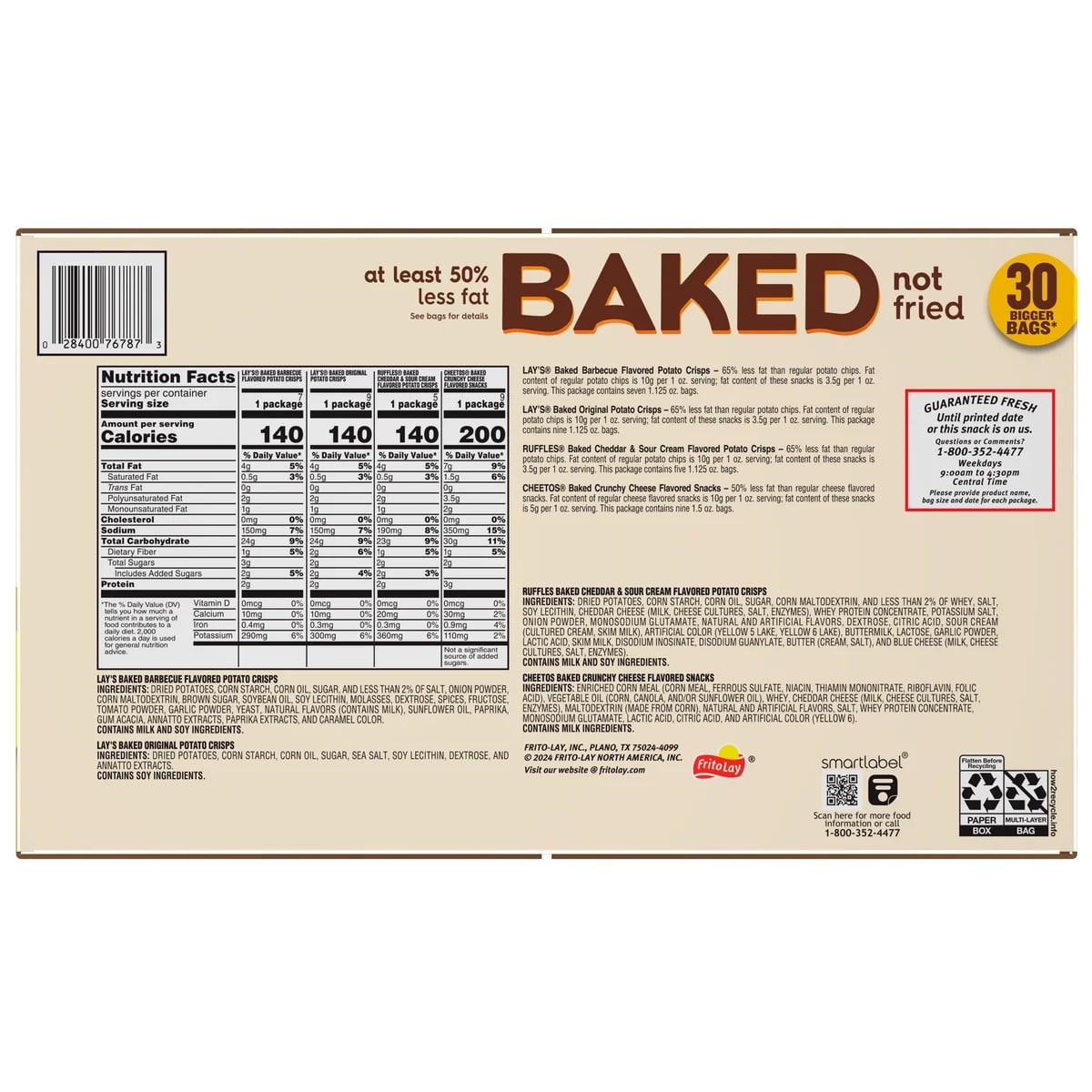 Frito Lay Snacks Baked Variety Pack 37 1/8 Oz, 30 Count
