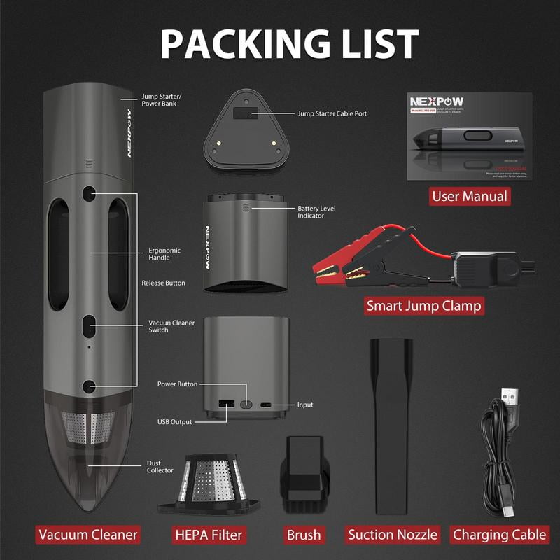 8000mAh battery capacity mobile power bank, can be used as a car starter and vacuum cleaner, dual filtration system, 5000Pa suction power, three-in-one function, ideal holiday gift choice power bank