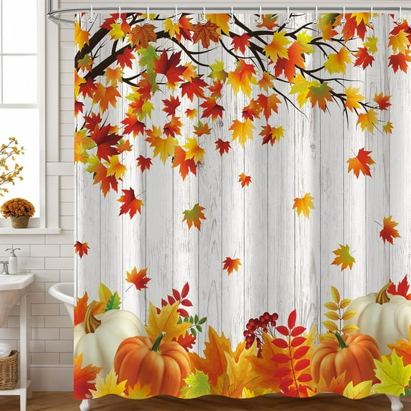 Fall Pumpkins Maple Leaf Shower Curtain, Autumn Leaves Harvest Thanksgiving Farmhouse Watercolor Seasonal Bathroom Curtain Sets, Waterproof Fabric Polyester with Hooks, 66x72 ''