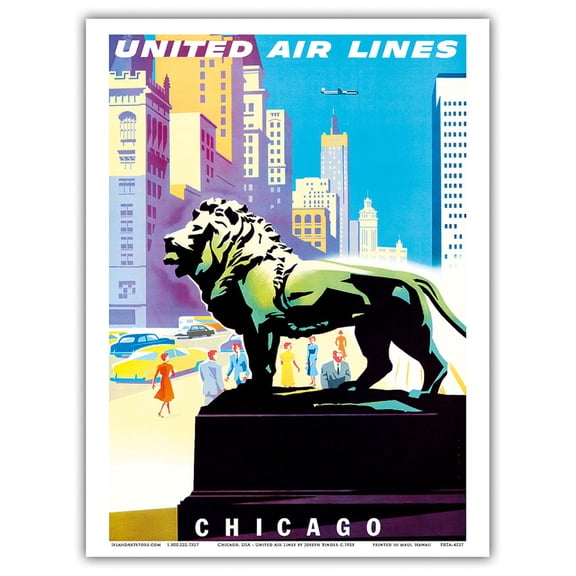 Chicago USA - Bronze Lion Statues - Art Institute of Chicago - United Air Lines - Vintage Airline Travel Poster by Joseph Binder c.1958 - Master Art Print (Unframed) 9in x 12in