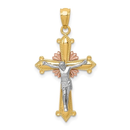 Real Gold Tri-Color Crucifix Cross Pendant Necklace for Men and Women in White Yellow Rose Gold with Beaded Edge Devotional Christian Jewelry Bold Faith Design Spiritual Catholic Symbol
