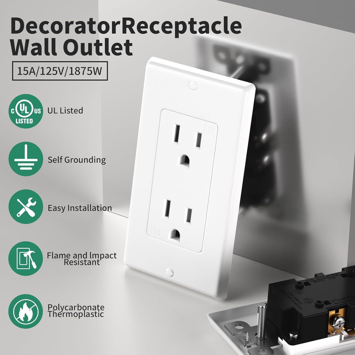 10 Pack - Standard Electrical Outlet 15 Amp, 2 Pole 3 Wire, Non-Tamper Resistant, NEMA 5-15R, Self-Grounding Residential Grade, UL Listed, White Decorator Receptacle with Wall Plate and Screw