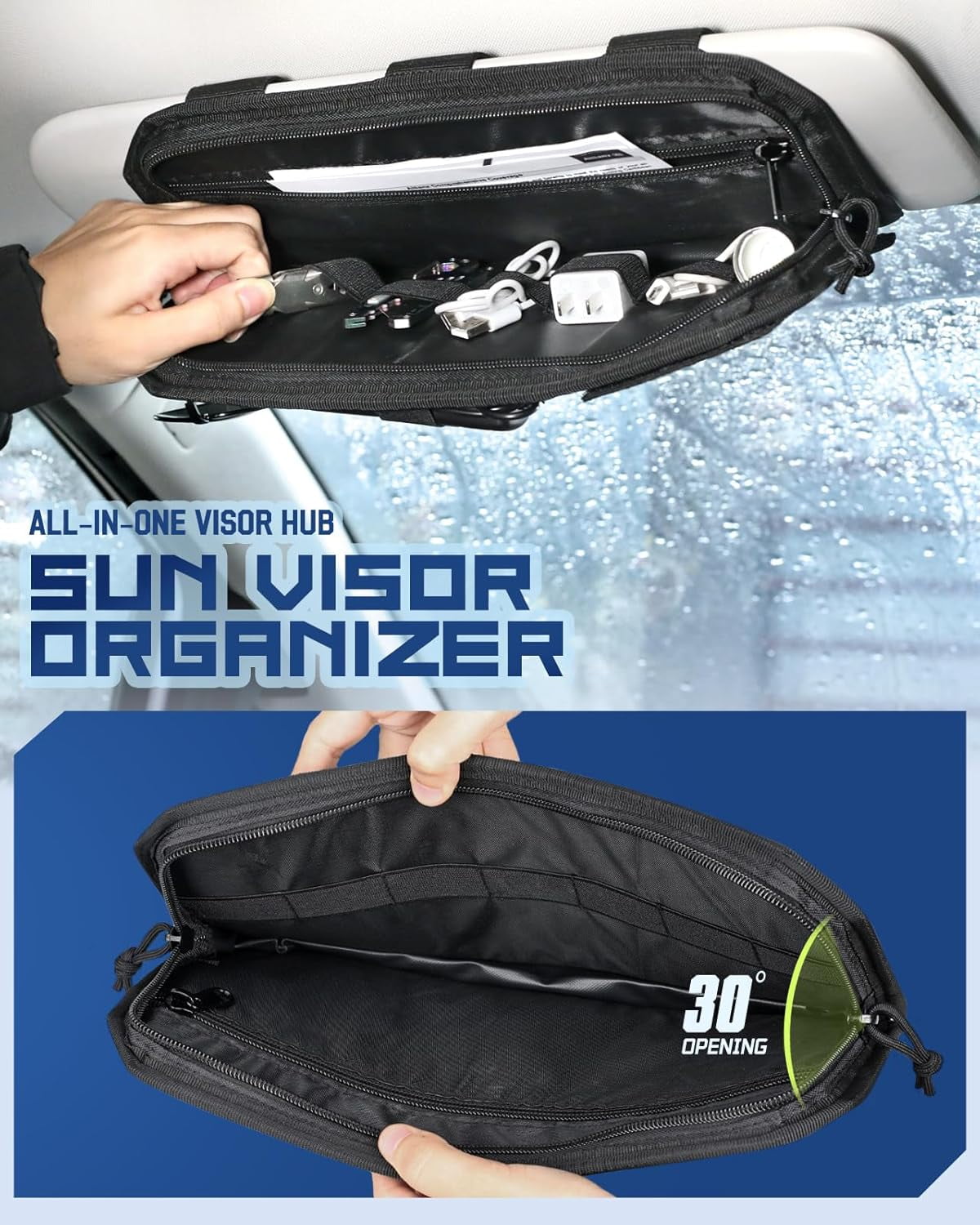 Molle Car Sun Visor Organizer with Zipper Storage Pouch & Glasses Holder, Auto Semi-Rigid MOLLE Panel for Police Gear Overland Accessories, Fit Most Cars, Trucks, Patrols Vans