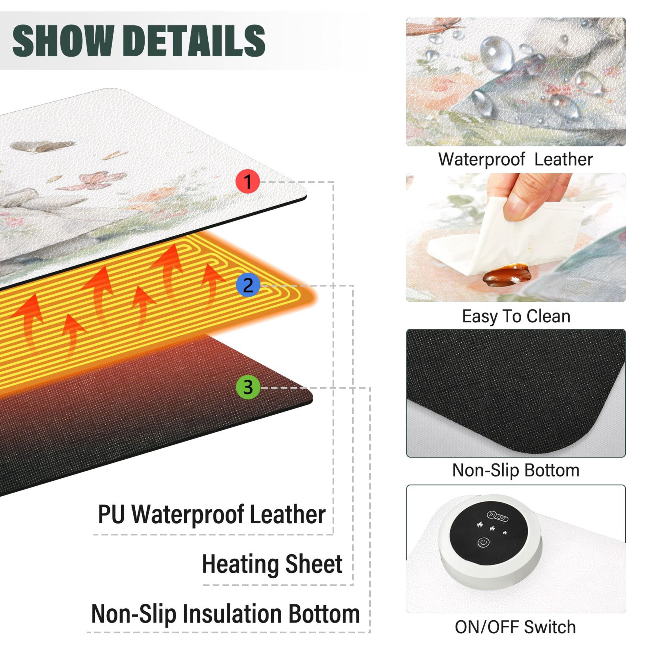 Large Heated Desk Mat Mouse Pad 31.5"x13"PU Leather Graphene Heating Desk Warmer with 3 Temperature Settings 110V US Plug Non-Slip Warm Pad for Home, Office, and Gaming Cute White Little Rabbit
