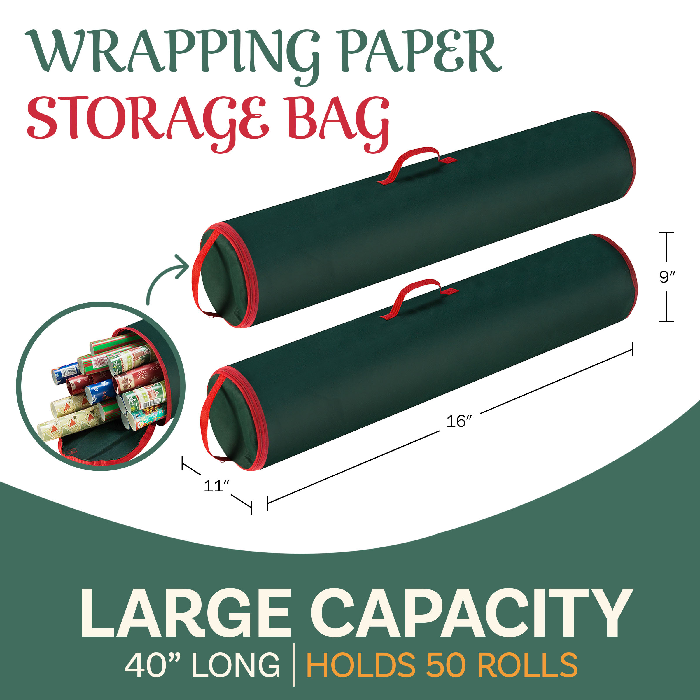 Elf Stor 2-Pack Gift Wrap 40.5 inch Wrapping Paper Storage Bag Green Stand-up