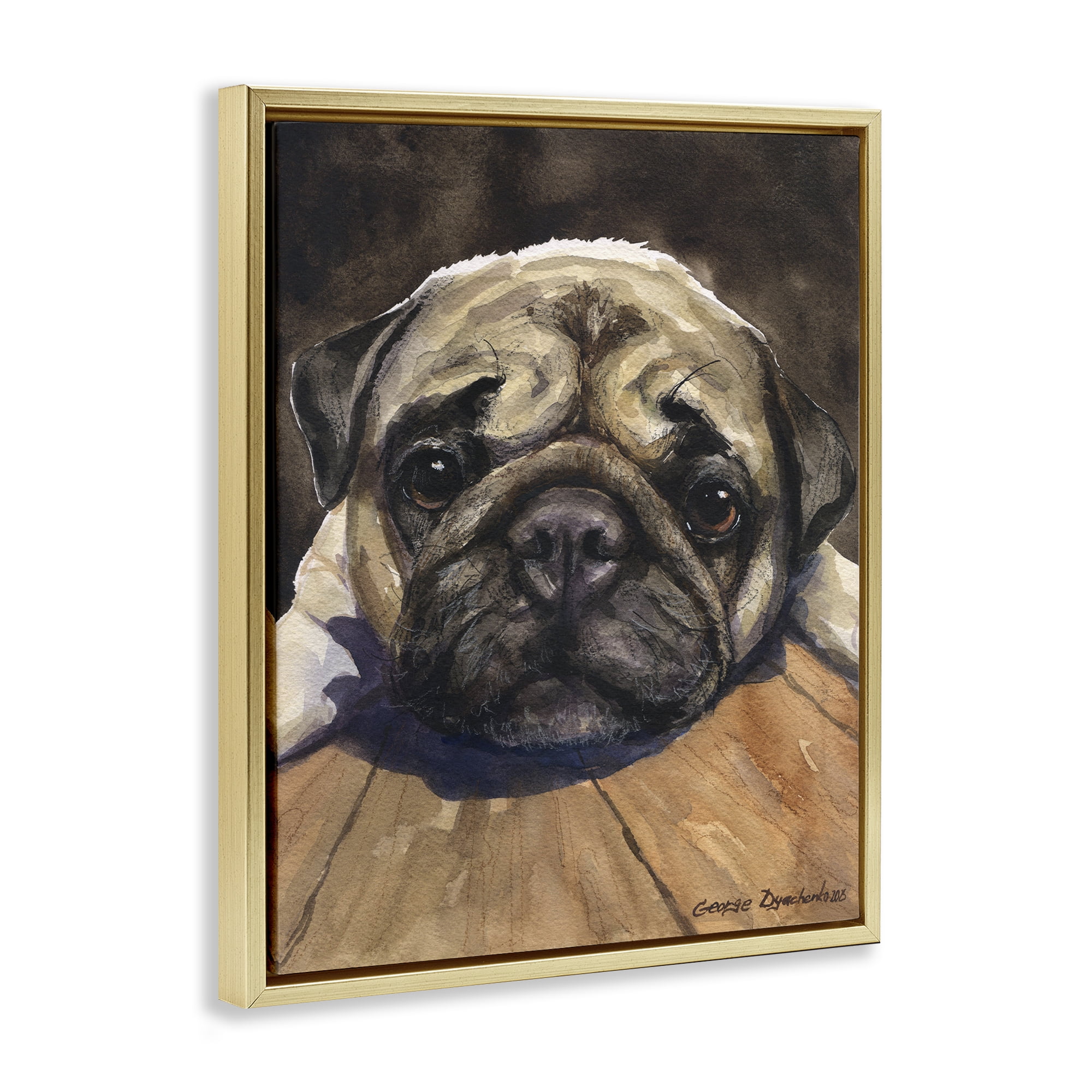 Stupell Industries Pug Soulful Portrait Gold Framed Floater Canvas Wall Art, design by George Dyachenko