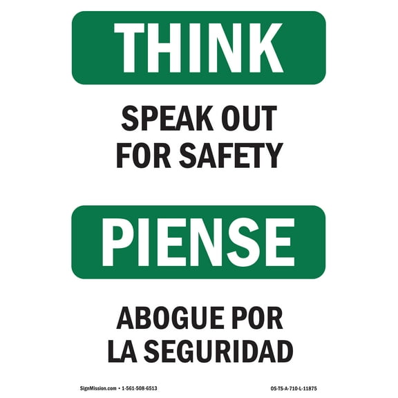 OSHA THINK Sign - Speak Out For Safety Bilingual | Plastic Sign | Protect Your Business, Construction Site, Warehouse & Shop Area | Made in the USA