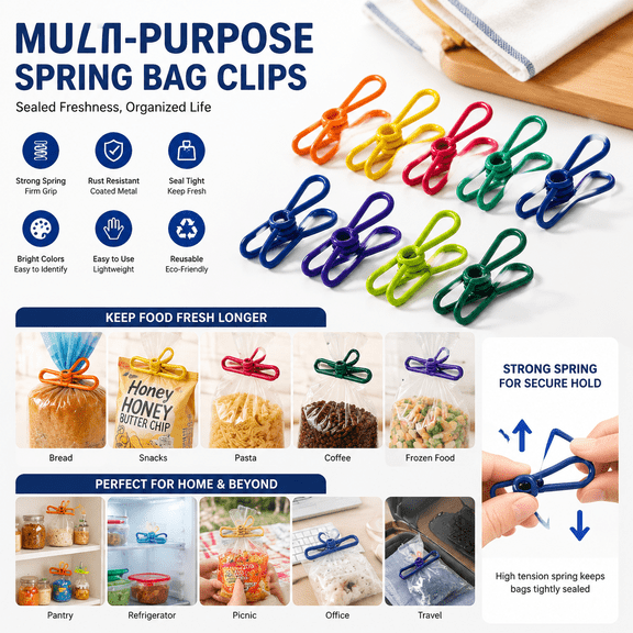 10-Pack 2-Inch Multicolor Utility Clips, PVC-Coated Strong Grip Clips for Food Bag Sealing, Paper Organization, Laundry, Home & Office Storage