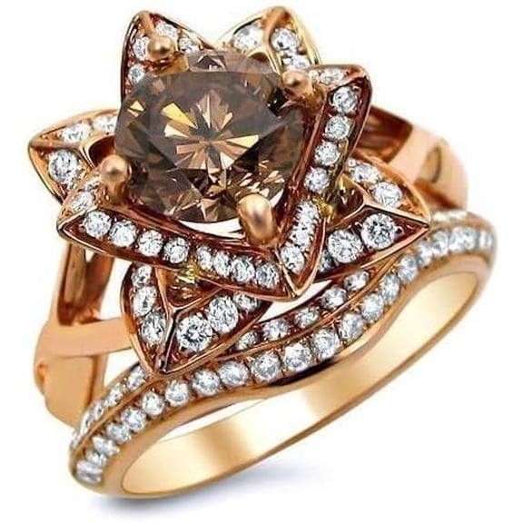 Divine Creation 3.00 Ct Round Cut Brown Diamond Engagement Wedding Thanksgiving Christmas Bridal Ring Set 14K Rose Gold Plated 925 Sterling Silver For Women's -4