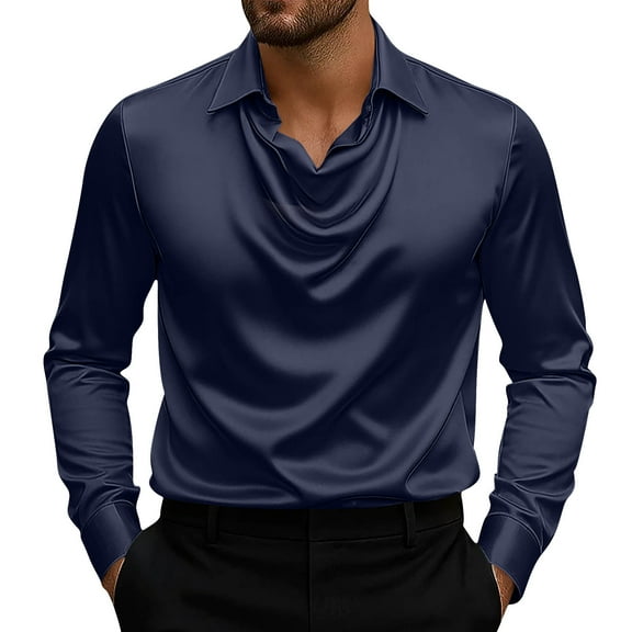 Bazeneo Mens Long Sleeve Shirts Smart Casual Satin Shirts Luxury Non Iron Dress Shirt Classic Fit Lapel Collar Pullover Plain Colour Soft Shirt Wedding Prom Clothing for Men