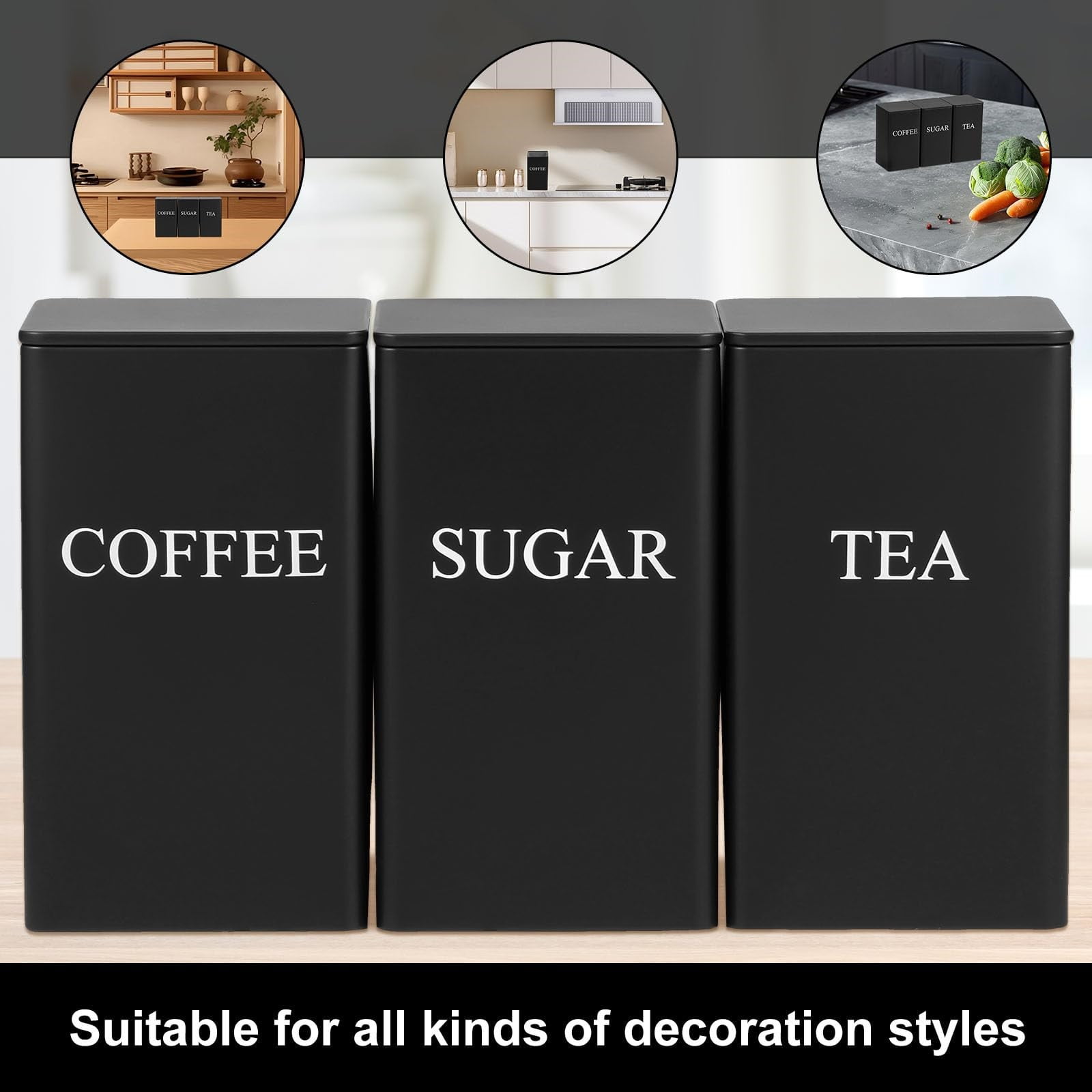 3 Pcs Coffee Tea Sugar Container Set, 1000 ml Metal Vintage Kitchen Canister Set with Airtight Lids, Food Storage Container Jars for Kitchen Counter, Farmhouse Home Tabletop Decor(Black,3.3x3.3x5.9")