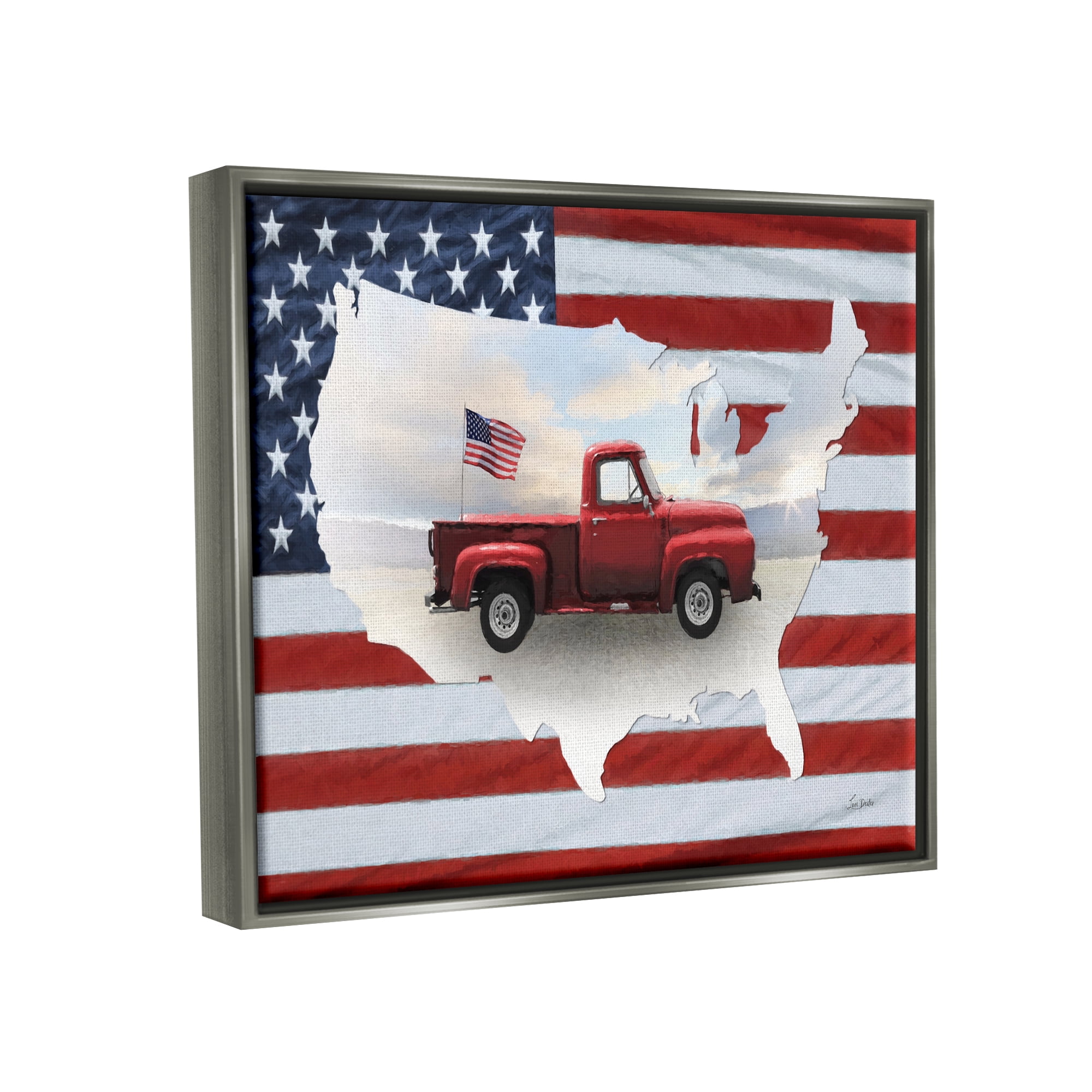 Stupell Industries Farmhouse American Flag Transportation Painting Gray Floater Framed Art Print Wall Art, 21 x 17