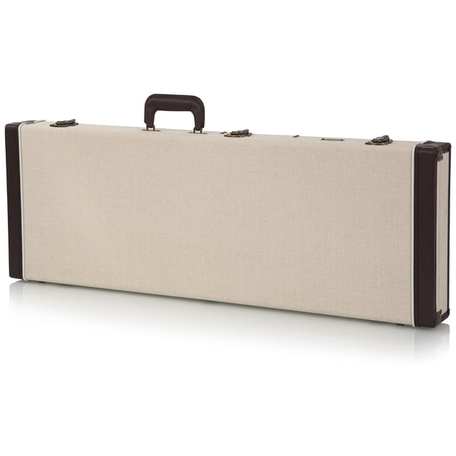 estuche de madera para guitarras eléctricas estándar Gator Journeyman, vista frontal centrada; funda rígida rectangular con exterior de arpillera crema y ribete marrón espresso, asa superior acolchada marrón, herrajes de latón antiguo y cierres con pestillo de bloqueo; compatible con Fender Strat/Tele y otras eléctricas, forro de terciopelo azul real y compartimento interno.