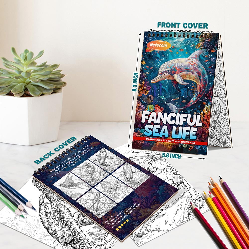 Netecom Fanciful Sea Life Coloring Book Spiral Bound For Adults, A5 Wooden Cover, 30 Beautiful Coloring Pages of Whimsical Aquatic Scenes for Stress Relief and Relaxation