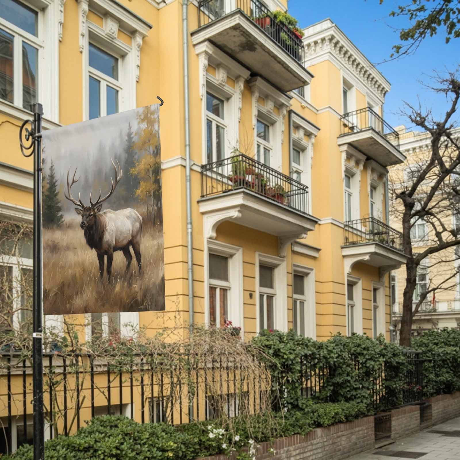 Bull Elk House Flag 28 x 40 Inches, Foggy Gray Wild Animal Pine Forest Landscape Farmhouse Weather Proof Outdoor Patio Flags Double Sided Small House Decoration for Yard Lawn Outside Home