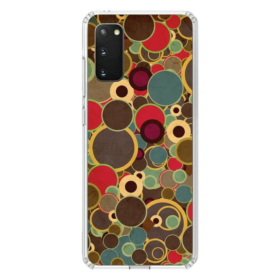 DistinctInk Clear Shockproof Hybrid Case for Galaxy S20 PLUS / 5G (6.7" Screen) - TPU Bumper, Acrylic Back, Tempered Glass Screen Protector - Brown Red Yellow Circles - Relive the 80's