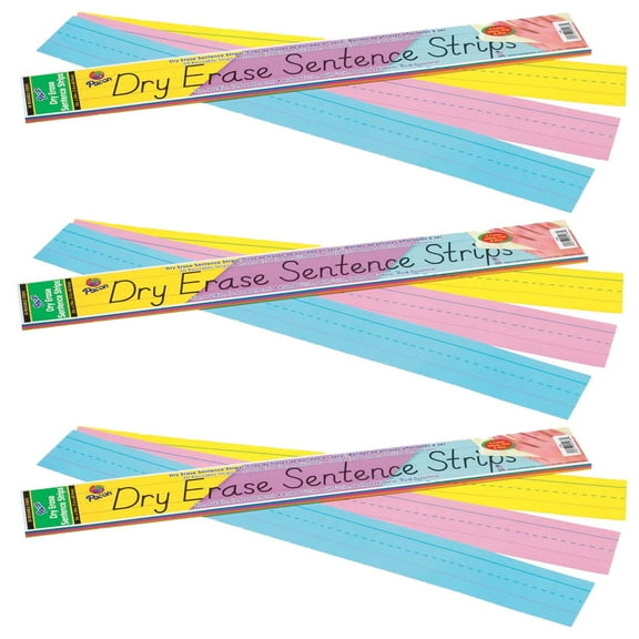 Pacon Dry Erase Sentence Strips, 3 Assorted Colors, 1-1/2" X 3/4" Ruled, 3" x 24", 30 Strips