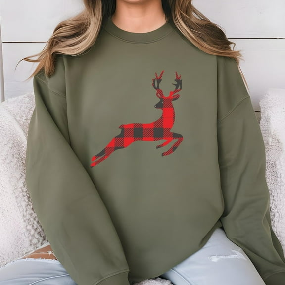 Sam Soft Buffalo Plaid Reindeer Sweatshirt, Cute Crewneck, Shirts For Women, Gift, Jingle bells Shirt