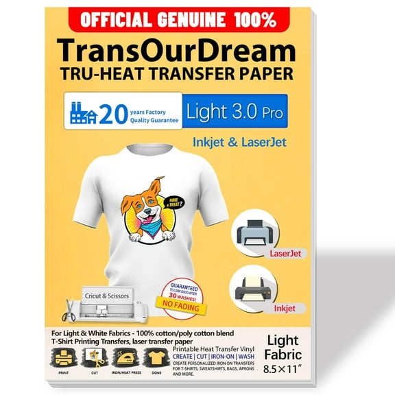TransOurDream Iron on Heat Transfer Paper for Laser & Inkjet Printer, 8.5x11", 20 Sheets for Light & White T-Shirts