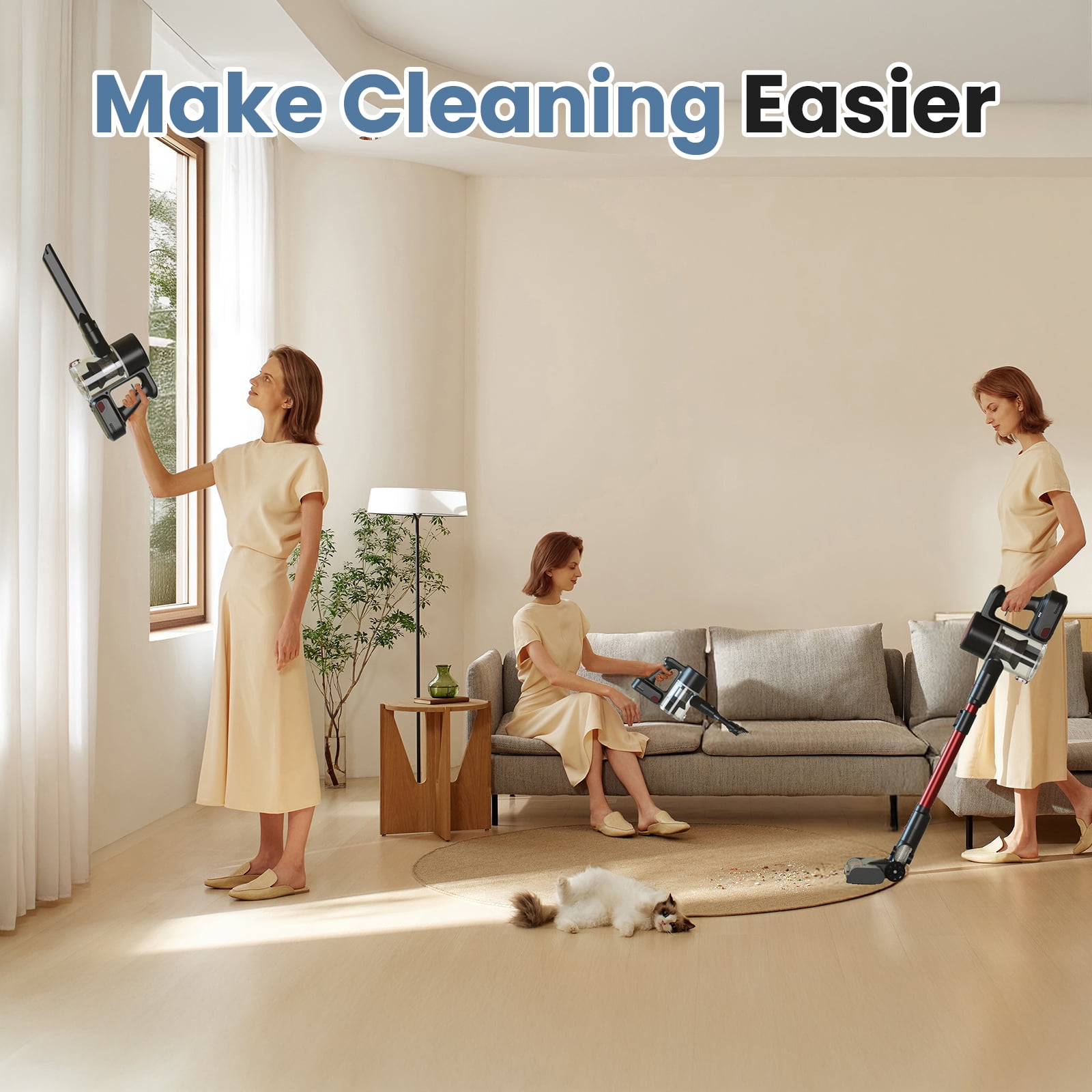 MCQ 3-in-1 Cordless Stick Vacuum Cleaner, Lightweight with LED Headlight for Carpet, Floor & Pet Hair, Black-Red