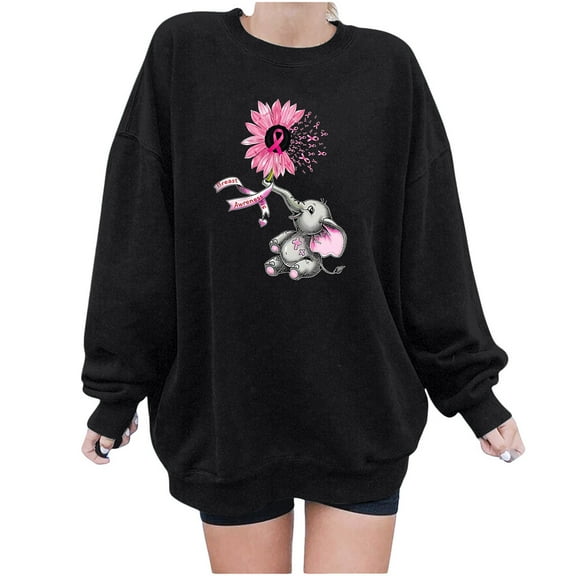 Oalirro Black Round Neck Summer Long Sleeve Tops for Women Women's Round Printed Loose Fitting Sweatshirts Long Sleeve Hoodless Sweatshirts