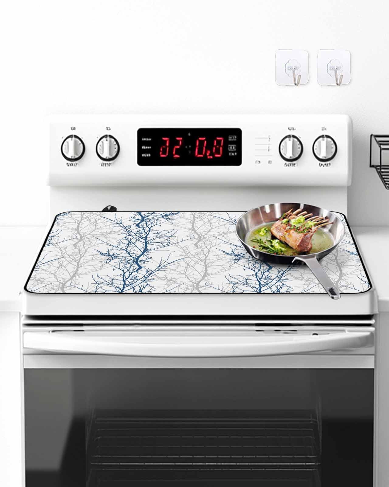 Stove Top Covers for Electric Stove, Navy Blue Grey Branch Glass Stovetop Cover Protector, Spring Summer Pastoral Botanical Induction Cooktop Protector Oven Mat for Kitchen Countertop 24"x21"