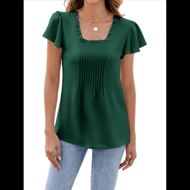 Blusas Tipo Túnica Plisadas de Verano para Mujer, con Volantes, Cuello Cuadrado, Color Liso, para Vacaciones, Corta. Verde Oscuro M