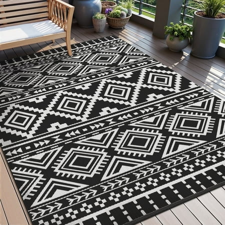 vunate outdoor rug carpet 6'x9' waterproof reversible patio rug portable boho indoor outdoor rug plastic straw rug for beach rv camping garden picnic deck backyard modern porch decor black and white