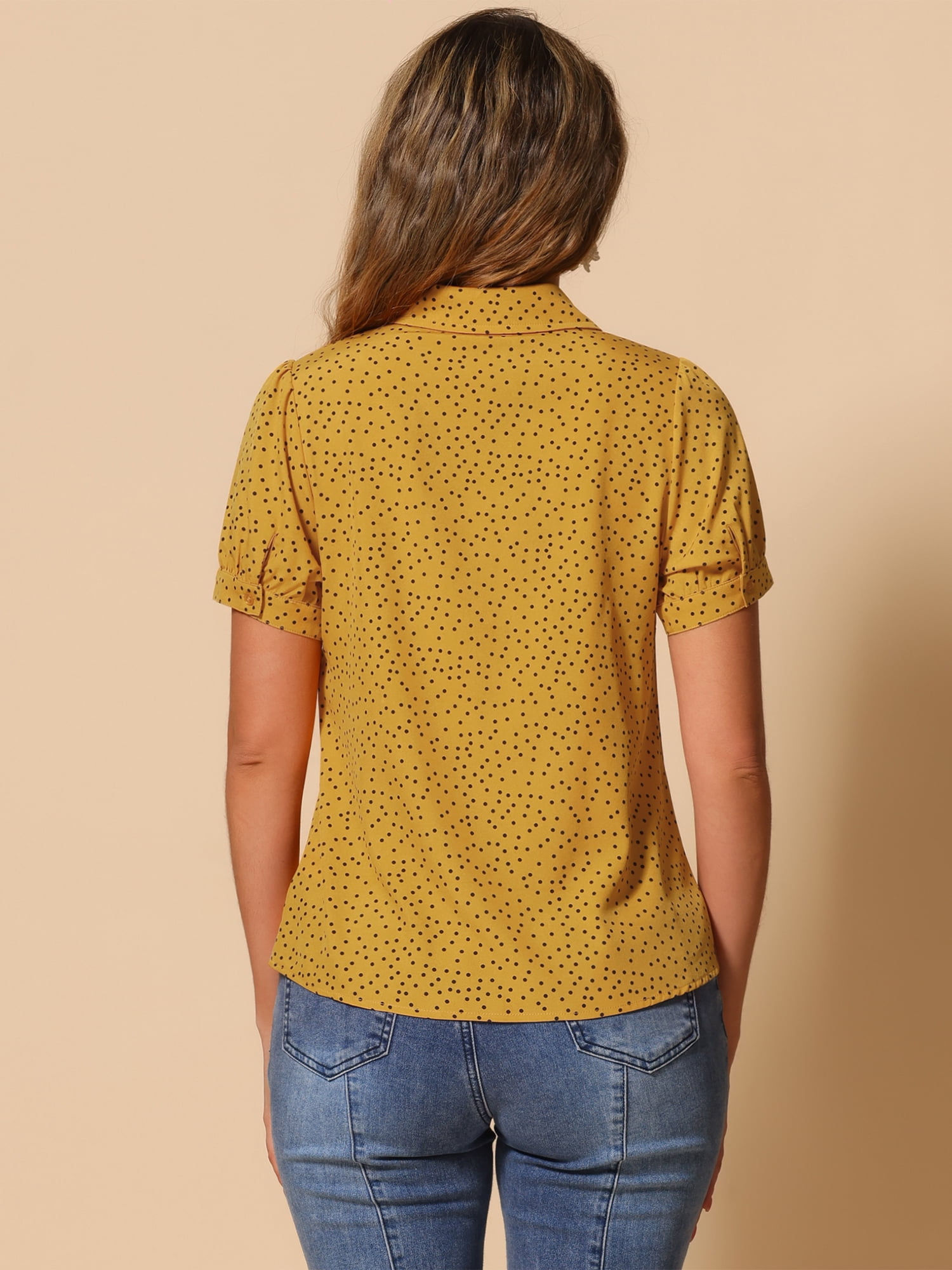 DARING DIVA Tie Bow Peter Pan Collar Chiffon Blouses S Yellow